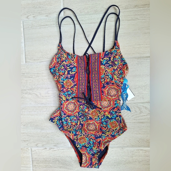 Skinny Dippers Women's Lace Up Front Removable Cup One-piece Swimsuit - Large - Picture 4 of 13